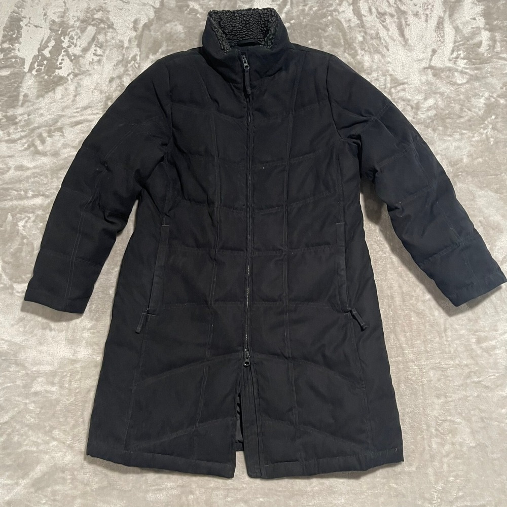LL Bean Jacket Womens Small Black Suede Quilted Goose Down Puffer Coat Sherpa